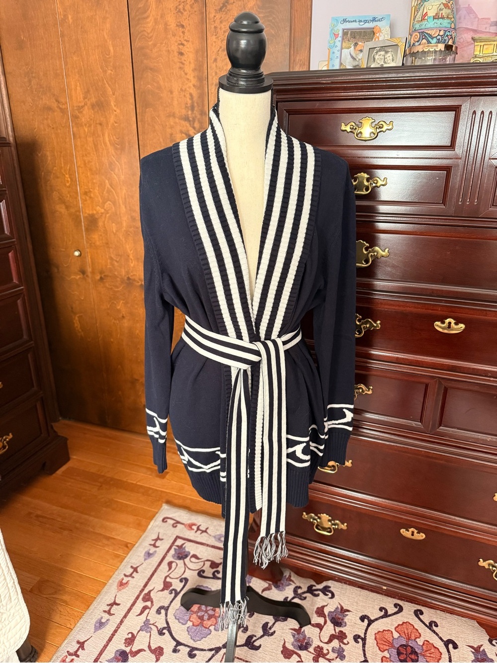 Le Superbe White Cap Boyfriend Navy and White Striped Belted Cardigan NWT